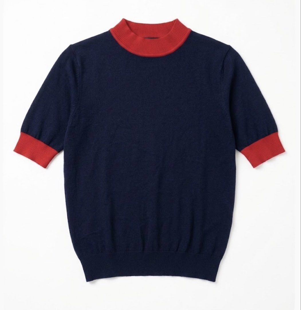 Navy blue Knit Basic Ringer shirt with red trims (Category: Shirts) located in Donsol. Submitted by saksthriftavenuebyluckymaria8 (Listing ID 1470394444, Image 2). Description: - Color: Tinted Navy Blue with Contrast Red Trim - Style: Fine knit basic t-shirt with ribbed crew neck and sleeve cuffs - Material: Soft textured knit fabric - Design: Clean minimalist style with a stylish pop color trim Navy blue knit ringer shirt with red trims Sz M che