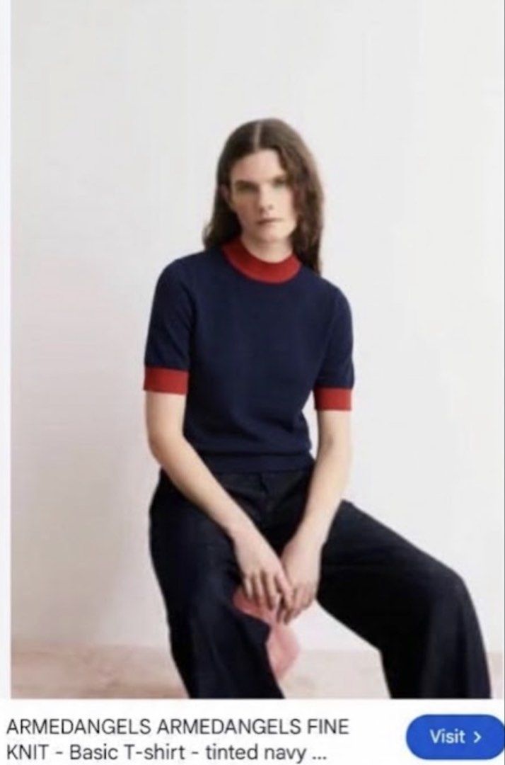 Navy blue Knit Basic Ringer shirt with red trims (Category: Shirts) located in Donsol. Submitted by saksthriftavenuebyluckymaria8 (Listing ID 1470394444, Image 1). Description: - Color: Tinted Navy Blue with Contrast Red Trim - Style: Fine knit basic t-shirt with ribbed crew neck and sleeve cuffs - Material: Soft textured knit fabric - Design: Clean minimalist style with a stylish pop color trim Navy blue knit ringer shirt with red trims Sz M che