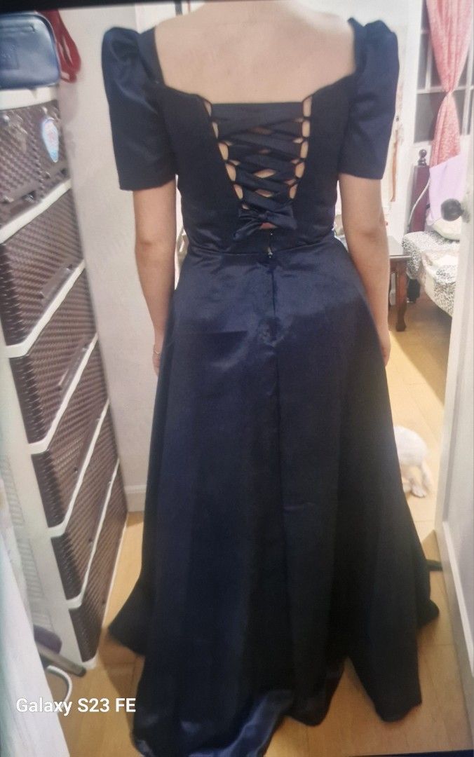 Navy Blue Long Evening Gown with Puff Sleeves, Women's Fashion, Dresses ...