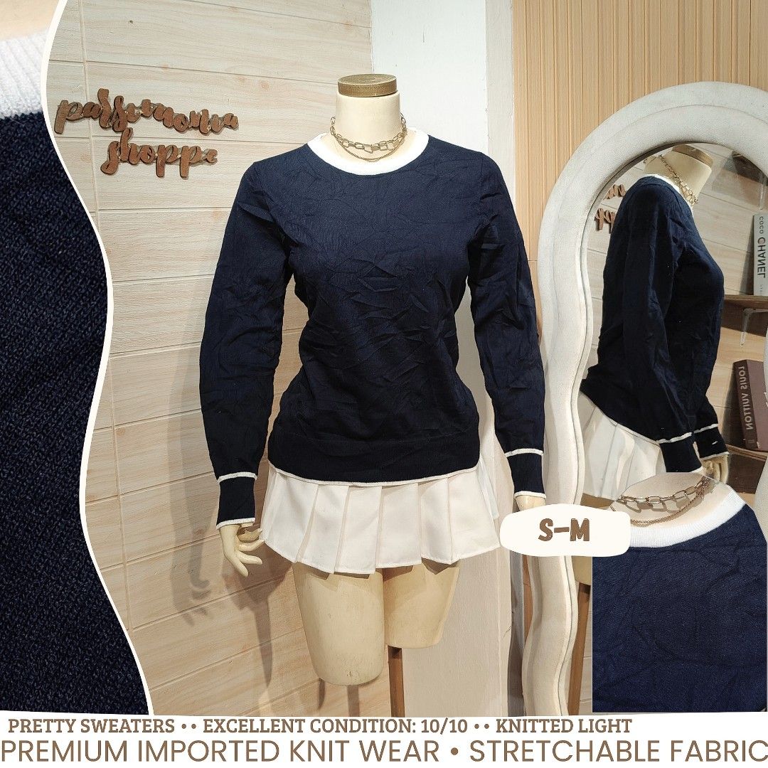 Navy Blue White Trim Knit Sweater Freesize (Category: Coats, Jackets and Outerwear) located in Bulacan. Submitted by alyssarys (Listing ID 1470526168, Image 1). Description: - Color: Dark blue with white trim at crew neck and cuffs - Fit: Slim silhouette with nice stretch - Material: Premium lightweight imported knitwear - Versatility: Pairs easily with skirts or jeans - Size: Fits Small to Medium.