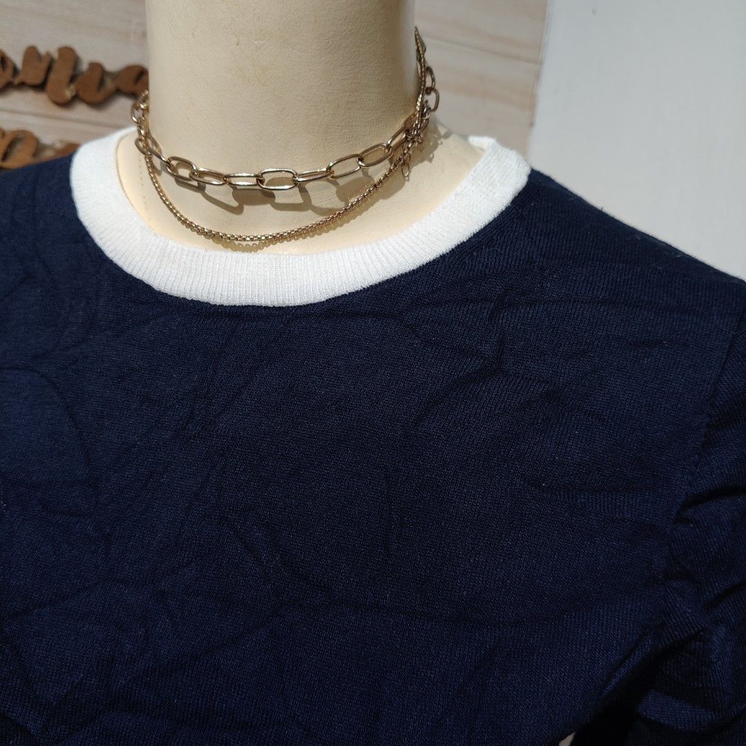 Navy Blue White Trim Knit Sweater Freesize (Category: Coats, Jackets and Outerwear) located in Bulacan. Submitted by alyssarys (Listing ID 1470526168, Image 2). Description: - Color: Dark blue with white trim at crew neck and cuffs - Fit: Slim silhouette with nice stretch - Material: Premium lightweight imported knitwear - Versatility: Pairs easily with skirts or jeans - Size: Fits Small to Medium.