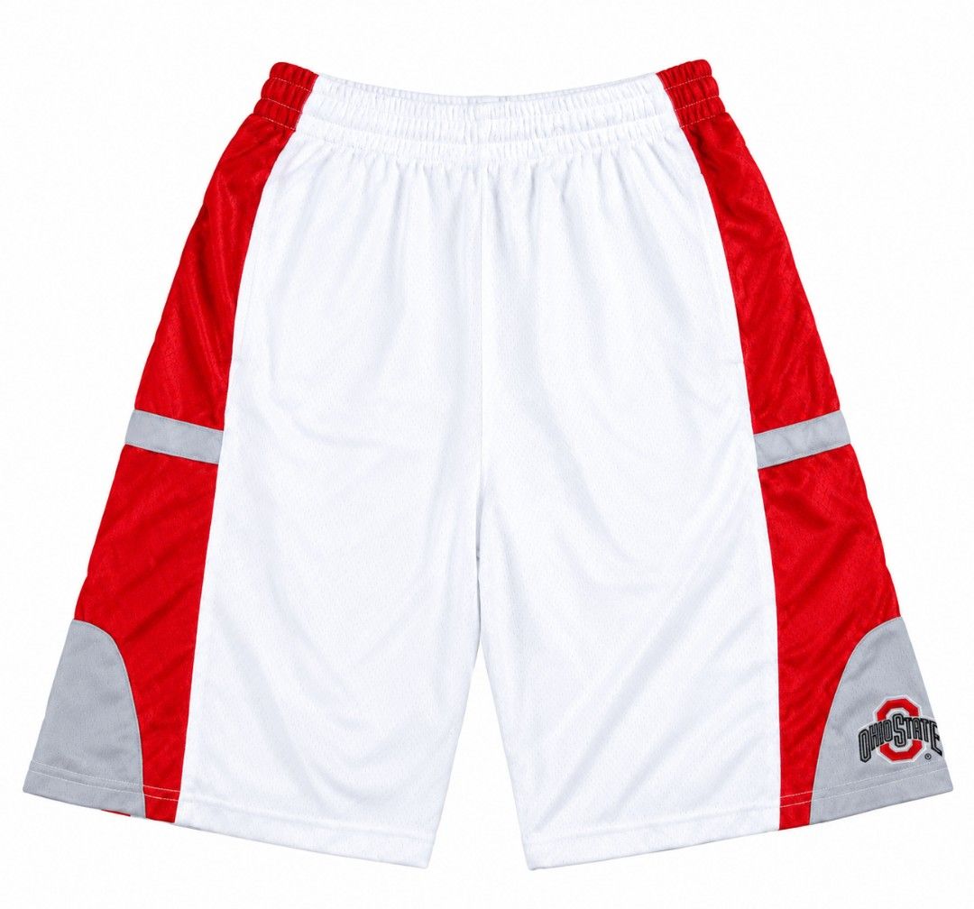 NCAA Ohio State Buckeyes Basketball Shorts Medium (Category: Shorts) located in Manila. Submitted by aj.bermundo (Listing ID 1470358093, Image 2). Description: - Official NCAA Ohio State Buckeyes merchandise by KA Inc. - Color: White body with red and grey side panels and team graphics - Size: Medium (tag inside) - Material: 100% polyester shell and lining - Features: Comfortable elastic waistband - Condition: Clean overall with fully intact grap