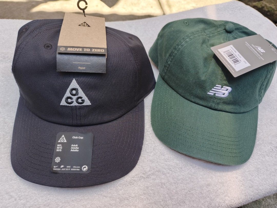 New Balance 6 Panel Classic Hat & Nike ACG Club Cap Bundle (Category: Caps & Hats) located in Manila. Submitted by kiraaaaaaaaaaa (Listing ID 1470368554, Image 2). Description: - Items: 2 brand new caps (Green New Balance 6 Panel Classic Hat & Dark Grey Nike ACG Club Cap) - Condition: Brand new with original store tags attached, never worn, fresh from storage - Size & Features: - New Balance: OSZ - Nike ACG: M/L, features Repel technology and Mov