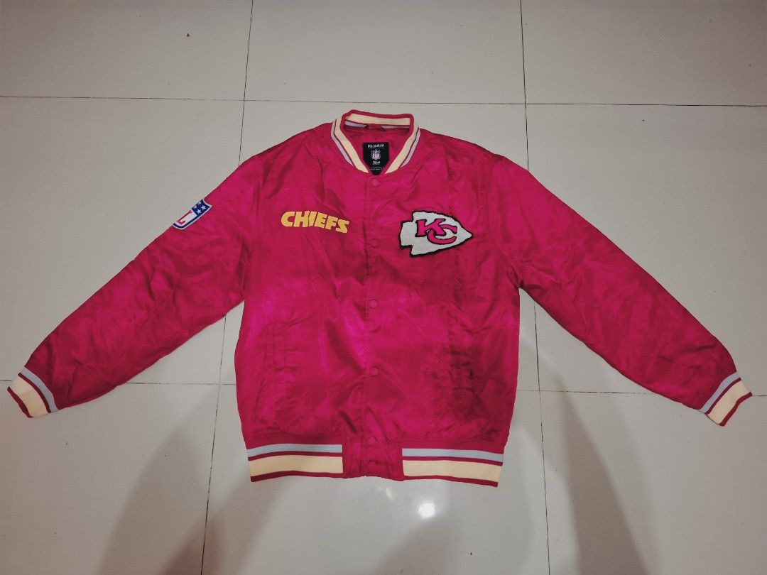 NFL x pull & bear kansas city chiefs satin bomber jacket (Category: Coats, Jackets and Outerwear) located in Narvacan. Submitted by jigger85_2ndaccount (Listing ID 1470495489, Image 1). Description: NFL x Pull & Bear kansas city chiefs satin bomber jacket like new 9.8/10 condition no issues size: medium on tag UK size dimes: 23x 27 can fit to large to xl bought in UK location: ilocos sur can ship thru JNT or LBC.