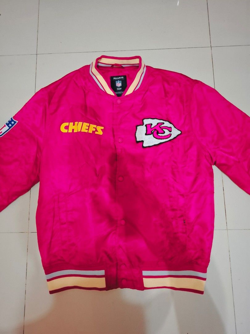 NFL x pull & bear kansas city chiefs satin bomber jacket (Category: Coats, Jackets and Outerwear) located in Narvacan. Submitted by jigger85_2ndaccount (Listing ID 1470495489, Image 2). Description: NFL x Pull & Bear kansas city chiefs satin bomber jacket like new 9.8/10 condition no issues size: medium on tag UK size dimes: 23x 27 can fit to large to xl bought in UK location: ilocos sur can ship thru JNT or LBC.