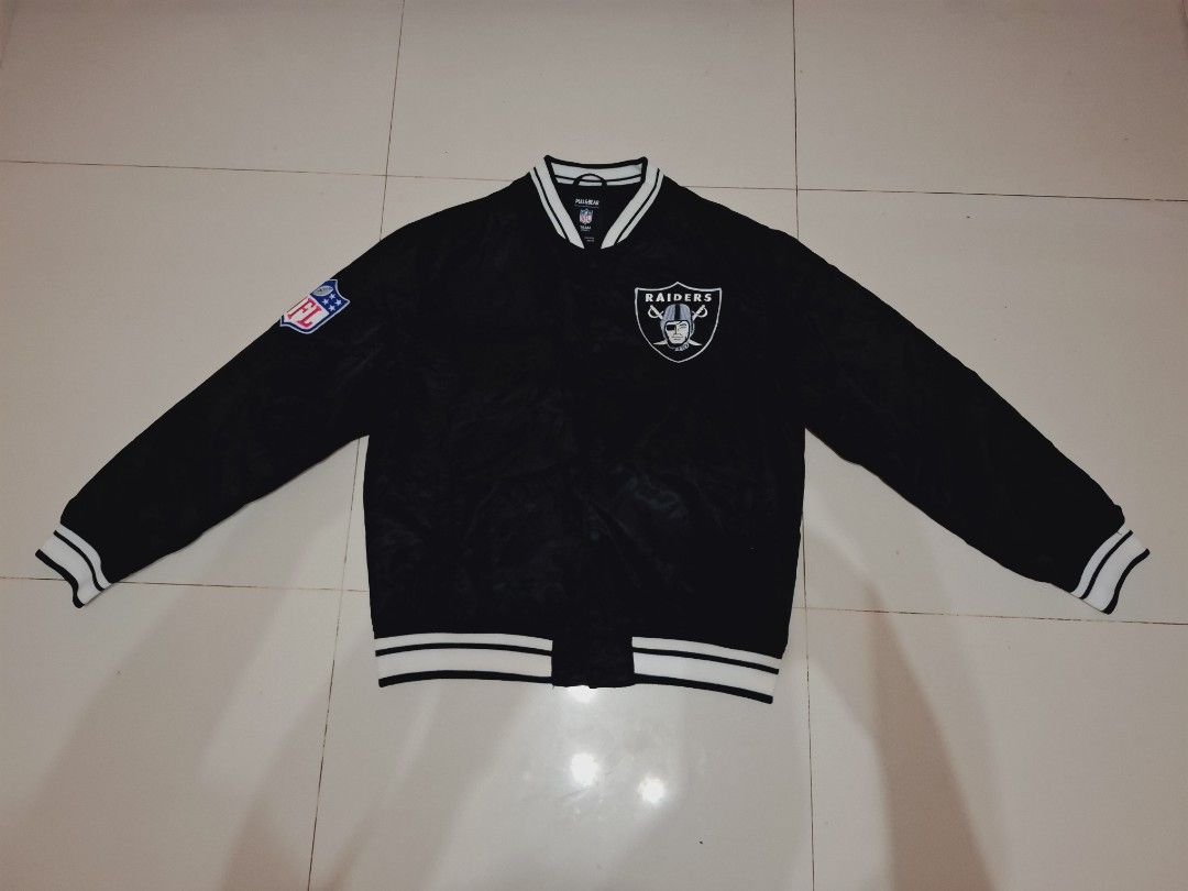 NFL x pull & bear las vegas raiders bomber/varsity jacket (Category: Coats, Jackets and Outerwear) located in Narvacan. Submitted by jigger85_2ndaccount (Listing ID 1470487384, Image 1). Description: NFL x pull & bear las vegas raiders varsity bomber jacket like new 9.9/10 condition no issues size: xl on tag dimes: 23 x 27 can fit to large to xl bought in UK location: ilocos sur cab ship thru JNT or LBC.