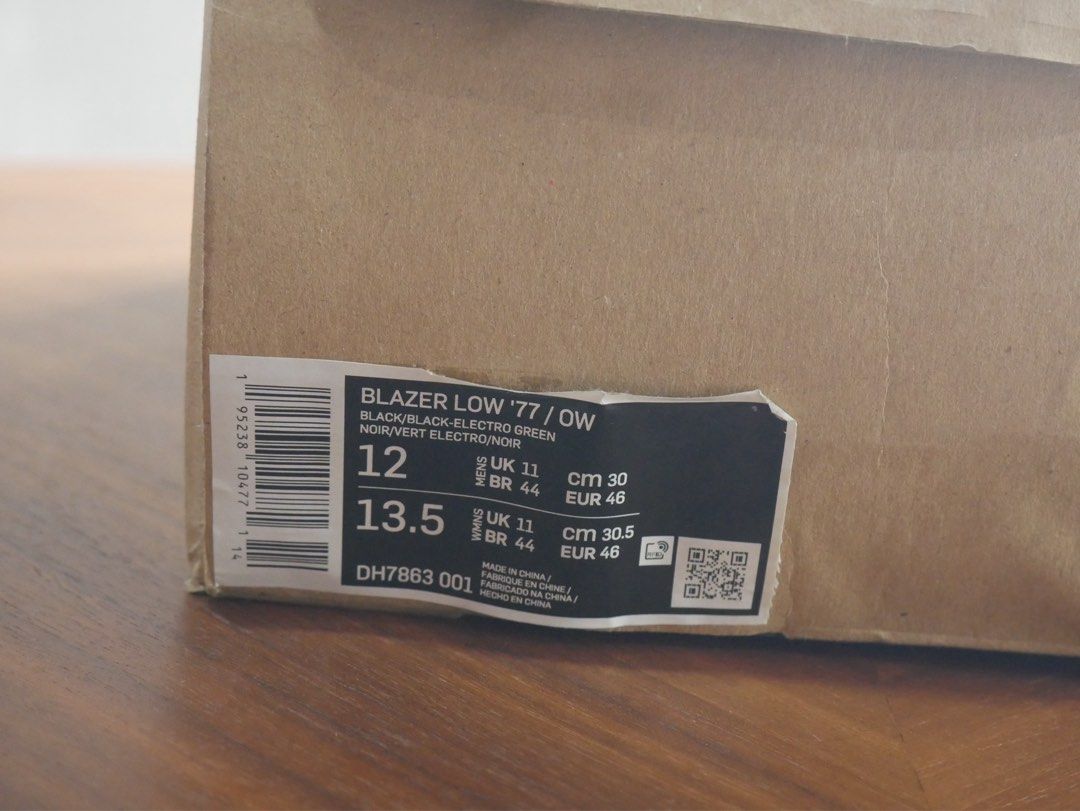 NIKE BLAZER LOW OFF-WHITE BLACK ELECTRO GREEN (Category: Casual Shoes) located in Manila. Submitted by noblehawk_6e6525 (Listing ID 1470442697, Image 3). Description: SLIGHTLY NEGOTIABLE SIZE: 12 US MEN CONDITION: BRAND NEW/DEADSTOCK INCLUSIONS: Original Box, StockX Receipt, Authenticity Tag Style Code: DH7546-001/DH7863-001 Transaction & Delivery Payment: Gcash, Cash, Maya, Bank Transfer Delivery: Lalamove (buyer pays shipping) or personal deliv