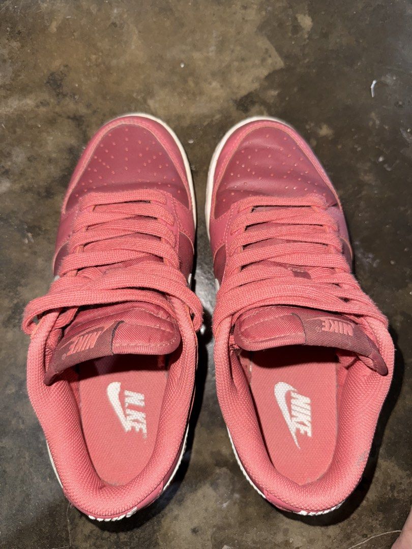 Nike Dunk Low Pink Gum Soles (Category: Sneakers) located in Cabuyao City. Submitted by just_buy2316 (Listing ID 1470386628, Image 1). Description: Nike Dunk Low sneakers in pink with white swooshes and gum soles. Size US 7 / EUR 38. Worn a few times, soles have normal dirt from walking outside. Uppers are clean, leather has gentle creasing near the toes. Laces tied loosely. Great everyday rotation shoe, comfortable fit..