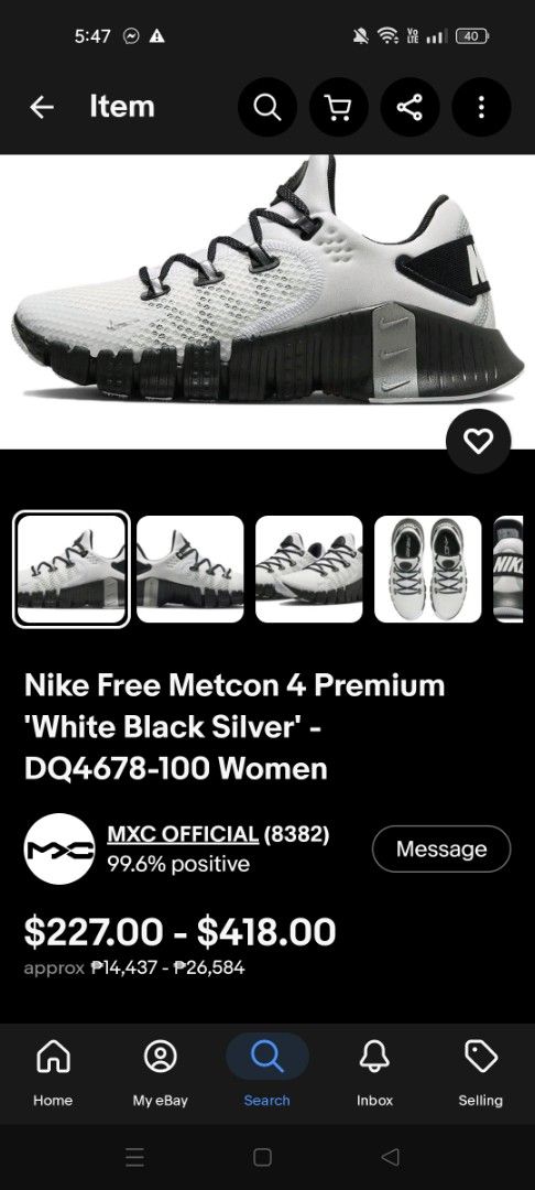 Nike Free Metcon 4 Premium White Black Silver (Category: Sneakers) located in Manila. Submitted by pnjdianne25879 (Listing ID 1470453247, Image 1). Description: Check pic for size & more details Not budget meal. In good condition - Brand: Nike - Model: Free Metcon 4 Training Shoes - Colorway: White, Black, and Silver - Style Code: DQ478-100 - Size: Women's US 7 / EUR 38 / UK 4.5 - Condition: Noticeable wear on mesh upper and soles, plus minor yel