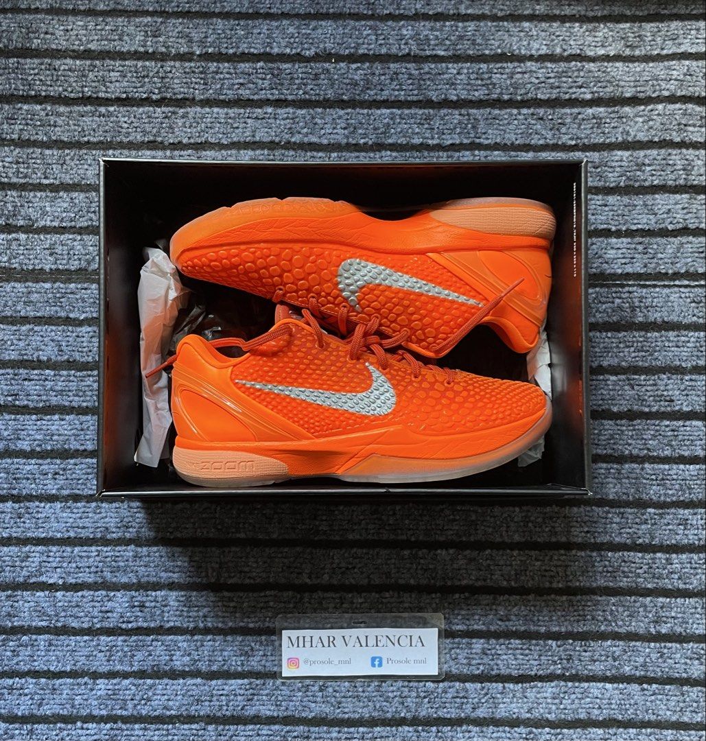 Nike Kobe 6 Protro Orange (Category: Sneakers) located in San Pedro. Submitted by mharemilvalencia (Listing ID 1470506876, Image 1). Description: - Model: Nike Kobe 6 Protro -used 3x Complete - Colorway: Vibrant Orange with Silver Swoosh - Design: Iconic snakeskin texture upper and signature Kobe branding on tongue and outsole - Sole: Translucent orange rubber sole with high-performance traction pattern - Packaging: Includes original shoe box - C