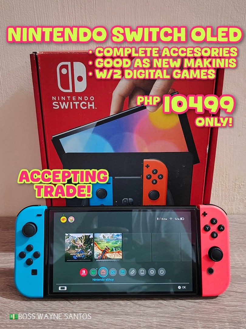 Nintendo Switch OLED Console Complete Accessories with 2 Digital Games (Category: Nintendo) located in Marikina City. Submitted by waynewayne2 (Listing ID 1470555747, Image 1). Description: FOR SALE OR TRADE +cash Pampanga meetup Jnt, lbc or lalamove sa malayo 09760568942 NINTENDO SWITCH OLED -Neon red & blue joycons -Good as brandnew, makinis! -Complete original accesories -w/2 digital games FREE! Monster hunter rise +sunbreak dlc Monster hunter