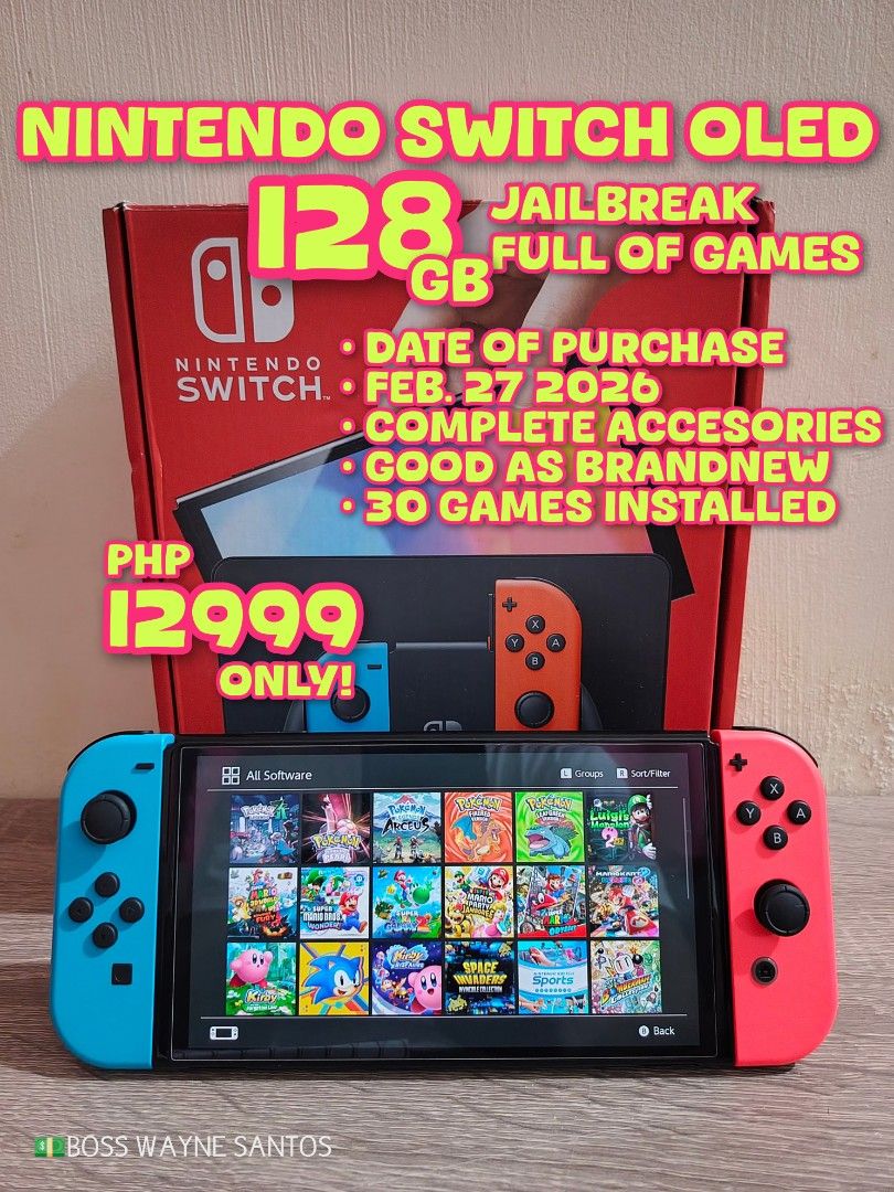 Nintendo Switch OLED Jailbreak 128GB with Games (Category: Nintendo) located in Marikina City. Submitted by waynewayne2 (Listing ID 1470555804, Image 1). Description: FOR SALE OR TRADE +cash Pampanga meetup Jnt, lbc or lalamove sa malayo 09760568942 Jailbreak 128gb Full of Games NINTENDO SWITCH OLED -Date of purchase Feb 27 2026 (siguradong bagong bago!) -Good as brandnew, pati accesories, puede sa maarte, puede ipang regalo -30 games installed -