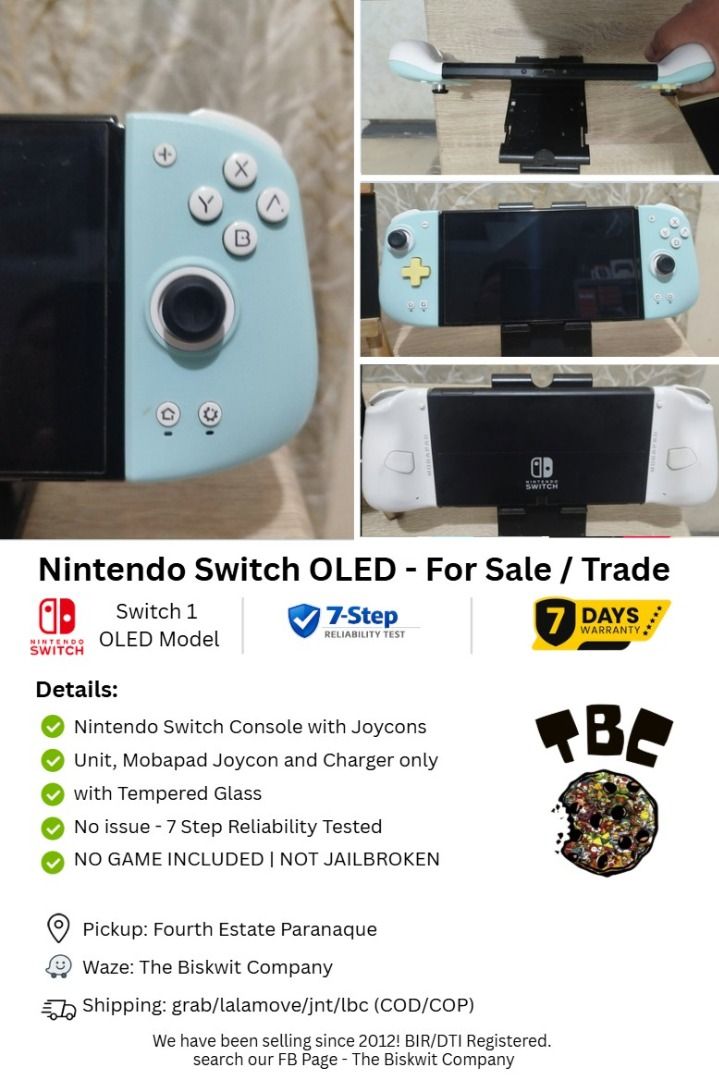 Nintendo Switch OLED with Mobapad Joy-Cons (Category: Nintendo) located in Paranaque City. Submitted by thebiskwitcompany (Listing ID 1470362838, Image 1). Description: #199 Nintendo Switch Oled P7995 -Unit, Mobapad Joycon and Charger only -No Issue (buttons, analog, eshop, micro sd card reader, wifi etc) -with tempered glass since day 1 -very good condition! Shipping through Lalamove, Grab, JNT, LBC (COD/COP) Pickup @ 4th Estate Paranaque waze: 