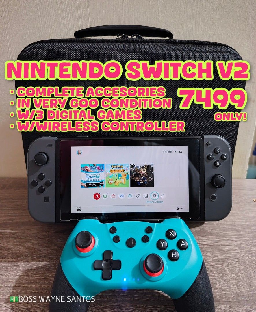 Nintendo Switch V2 with Wireless Controller and Games (Category: Nintendo) located in Marikina City. Submitted by waynewayne2 (Listing ID 1470555990, Image 1). Description: FOR SALE OR TRADE +cash Pampanga meetup Jnt, lbc or lalamove sa malayo 09760568942 Nintendo switch version 2 -Complete original accesories -In very good condition (NO ISSUE) -w/wireless controller -w/Free 3 digital games Nintendo sports Monster hunter rise +sunbreak dlc Pokemo