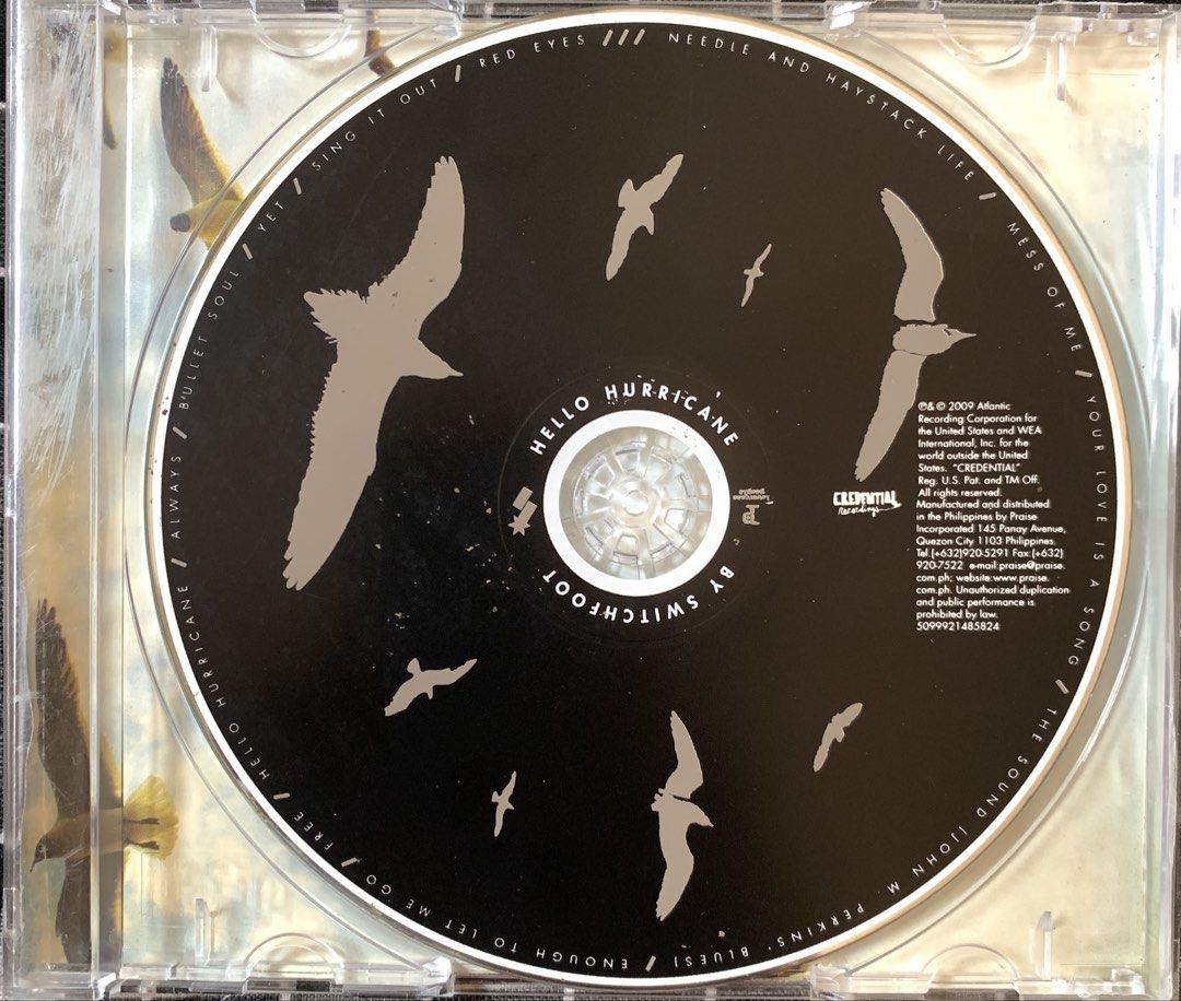 (no front cover) Switchfoot - Hello Hurricane CD Album (Category: CDs & DVDs) located in Taguig. Submitted by ahnjr (Listing ID 1470359489, Image 1). Description: - Artist & Album: Switchfoot - Hurricane - Release Year: 2009 under Credential Recordings - Tracklist: Includes 13 tracks such as 'Mess Of Me', 'Your Love Is A Song', 'The Sound', and ' Hurricane'.