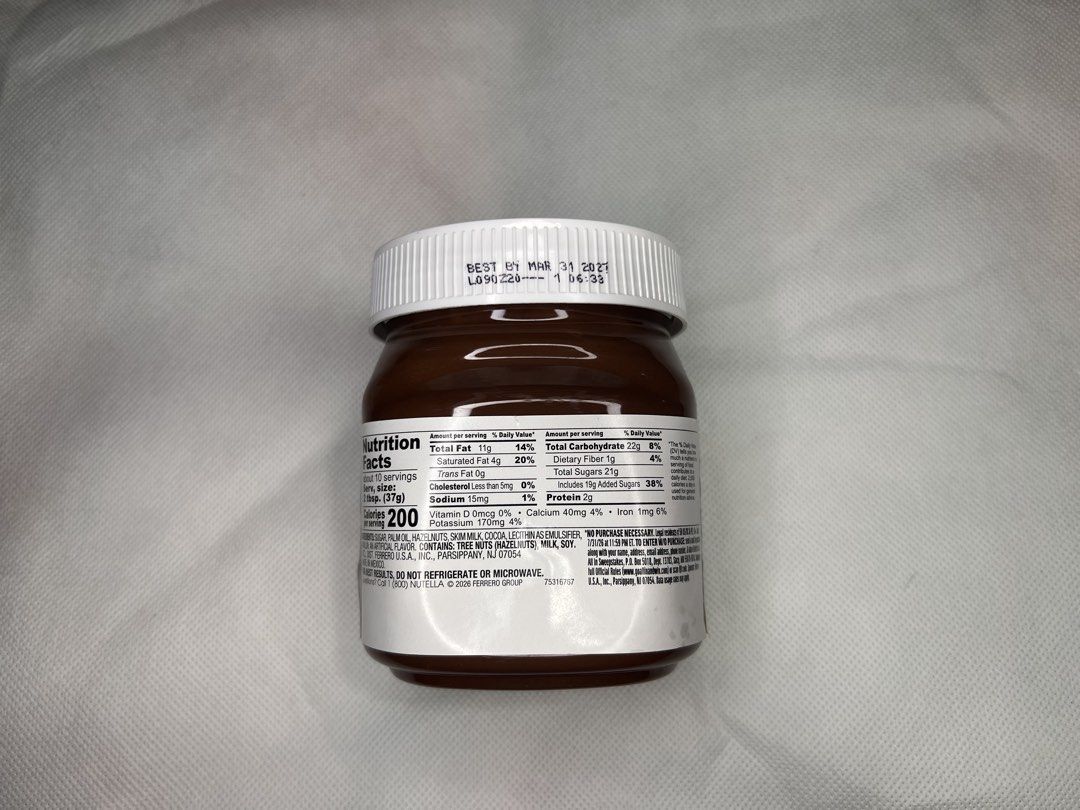 Nutella Hazelnut Spread with Cocoa 13 oz 371 g (Category: Packaged & Instant Food) located in Manila. Submitted by Marimiramich (Listing ID 1470356272, Image 3). Description: - Product: Nutella Hazelnut Spread with Cocoa - Size: 13 oz standard jar - Condition: Brand new, sealed with original white cap - Expiry: Best by March 31, 2027 - Details: Full nutrition facts and ingredients on back label - 100% authentic and ready to ship - From USA.