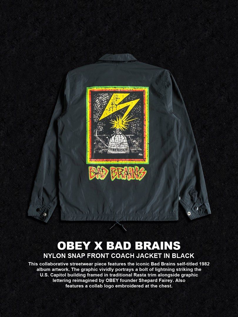 OBEY x Bad Brains Nylon Snap Front Coach Jacket (Category: Coats, Jackets and Outerwear) located in Dinalupihan. Submitted by thriftout.ph (Listing ID 1470483788, Image 1). Description: PLEASE READ ALL THE DETAILS⬇️ Tagged as Small fits Medium : 21W | 28L Model Height : 5’7 No major issues Excellent / Presentable PRICE - P1,880 +SF Free Shipping On Local Orders Over P2,000 Obey and Bad Brains collaboration coach jacket in black. Snap button front