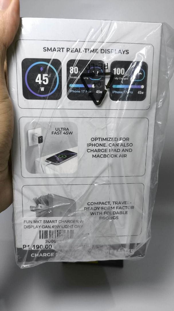 Official Function101 45W GaN Smart Charger - with Digital Power Display (Category: Chargers & Cables) located in Caloocan City. Submitted by luffy694 (Listing ID 1470544302, Image 2). Description: Upgrade your everyday charging setup with the Function101 45W GaN Smart Charger. *Real-Time Smart Display *Next-Gen GaN Efficiency *Wide Compatibility (PD 3.0 & PPS) *Travel-Friendly Design *Multi-Layer Safety Protection HOW TO ORDER: Click "Chat" or "M
