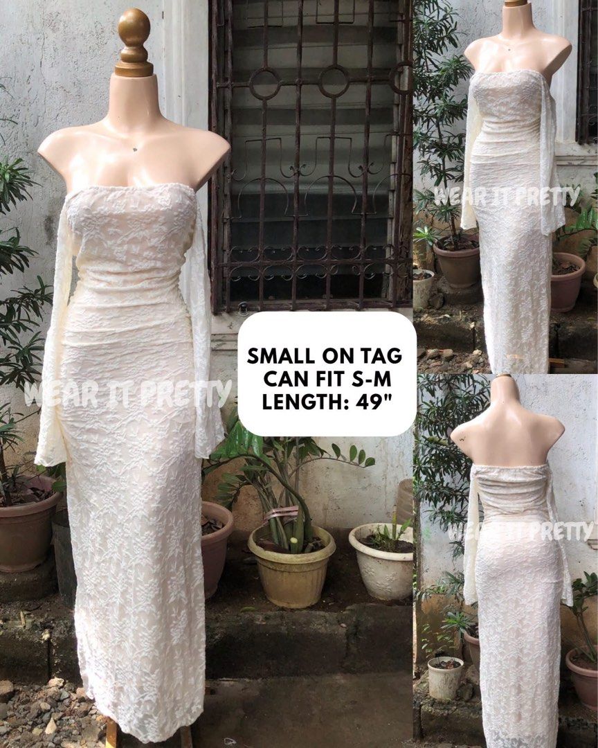 Off-shoulder Off-white Lace Maxi Dress S-M (Category: Dresses) located in Antipolo. Submitted by strawberry_berryyy (Listing ID 1470391649, Image 1). Description: waist: 24-32" | length: 49" | bust: 34-36 ༄｡°𖦹⋆˚✿˖°nice quality & fabric, stretchu, lace, double lining, offshies.