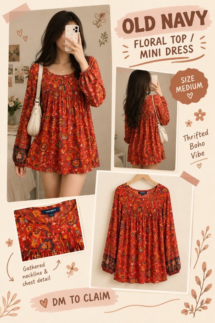 Old Navy Floral Boho Mini Dress / Top (Category: Dresses) located in Manila. Submitted by cleverearth.ed94b6 (Listing ID 1470368196, Image 2). Description: - Brand: Old Navy - Size: Medium - Style: Red floral print top (can double as a mini dress depending on your height) - Sleeves: Long balloon sleeves with dark contrast cuffs - Details: Gathered neckline and chest detail for a flowy boho vibe - Material: Soft patterned fabric all over - Conditi