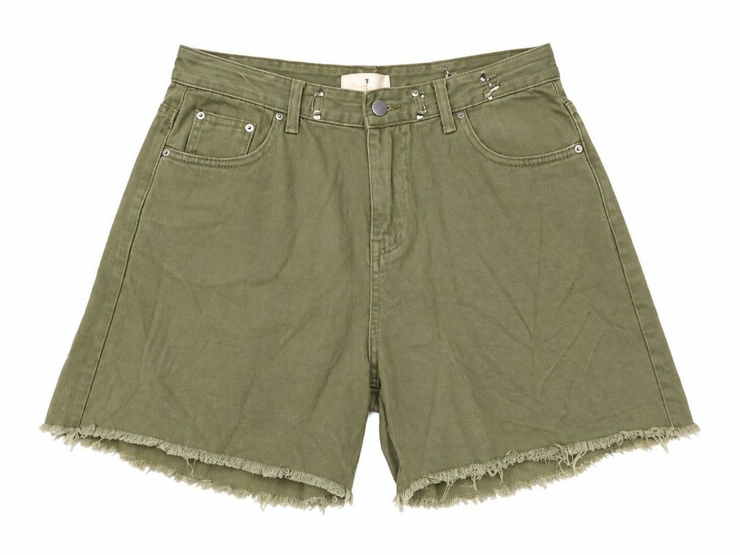 Olive green denim shorts with raw hem size medium (Category: Shorts) located in Caloocan City. Submitted by thrift_with_khryss.11 (Listing ID 1470354945, Image 1). Description: - Color: Olive green - Style: Mid-rise denim shorts with raw frayed hems - Features: Classic five-pocket design, metal button closure, and belt loops - Material: Sturdy, durable cotton denim - Condition: Great casual staple, easy to pair with tanks, tees, and crop tops.