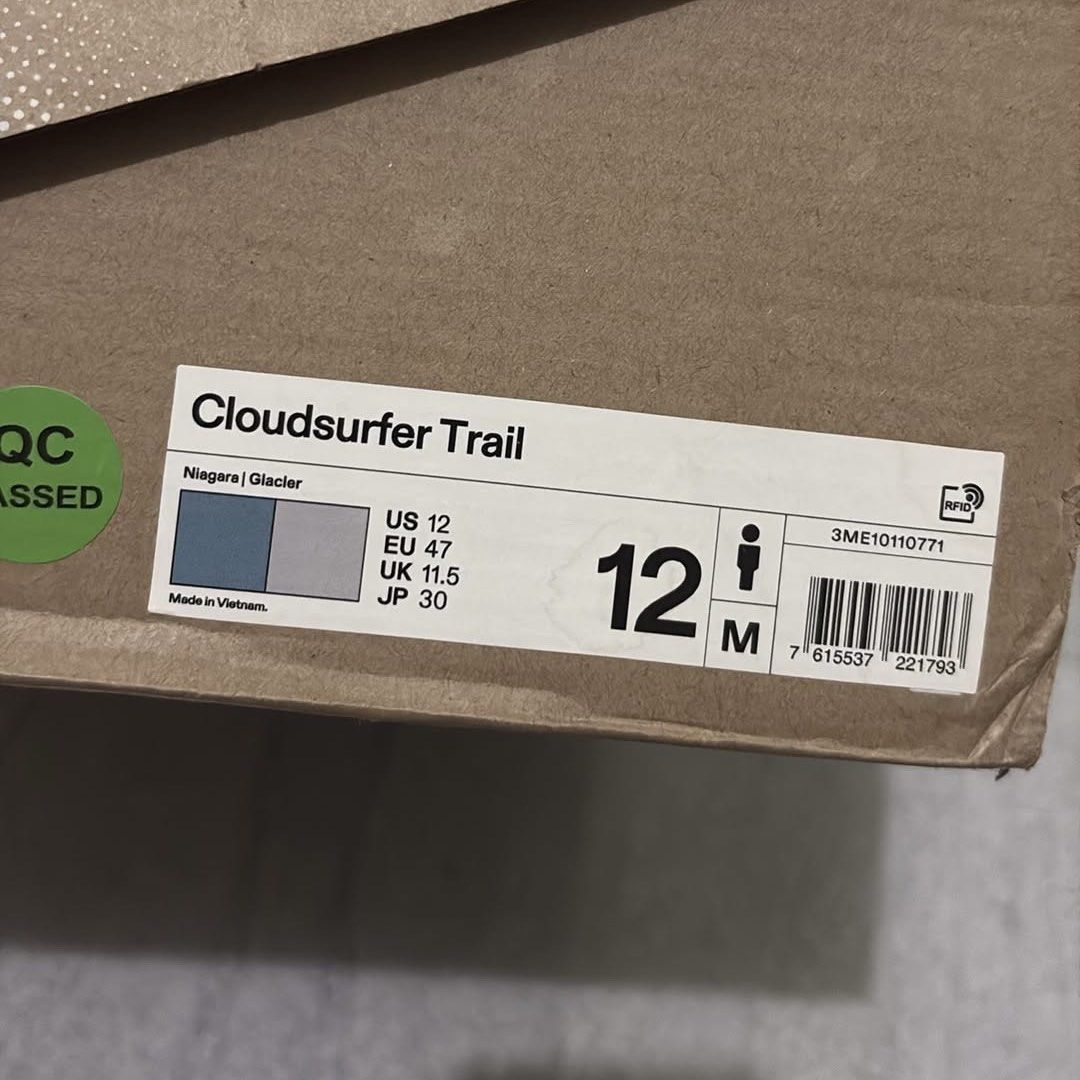 On Cloudsurfer Trail Niagara Glacier (Category: Sneakers) located in Manila. Submitted by topdawgwardrobe (Listing ID 1470390970, Image 2). Description: On Cloudsurfer Trail Niagara Glacier Complete OG Box With paperbag Brandnew 12 mens ₱5980.