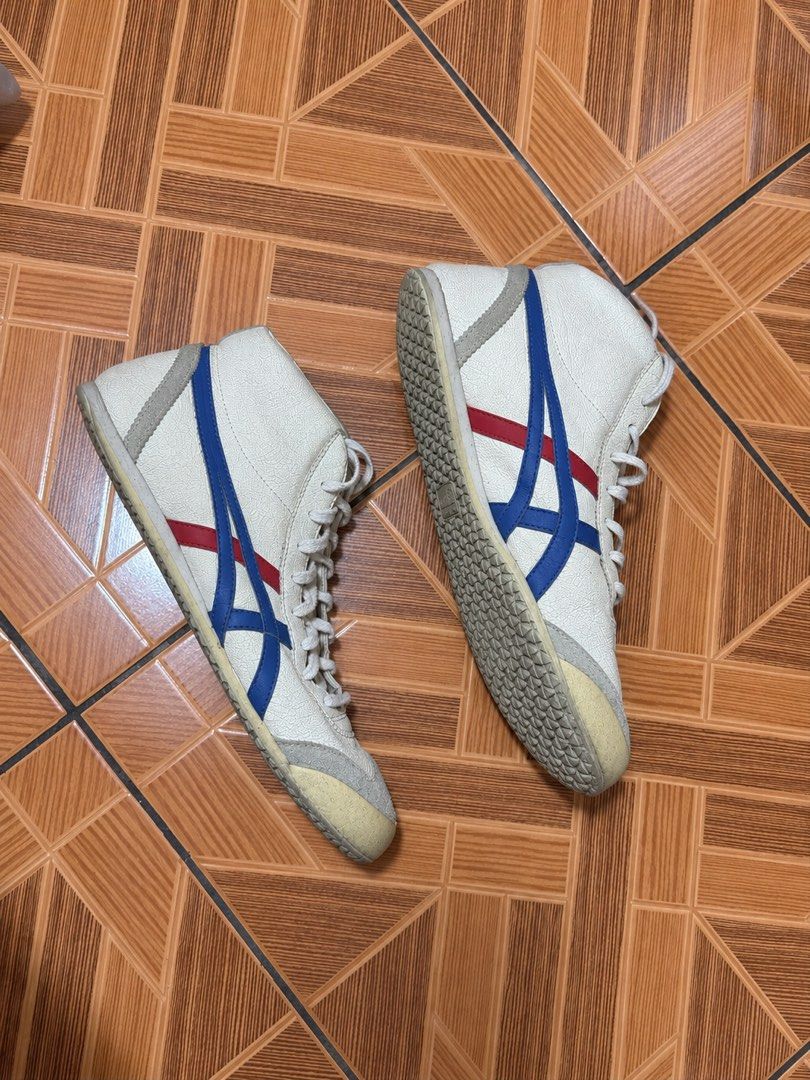 Onitsuka Tiger High Top Sneakers White Blue Red (Category: Sneakers) located in Caloocan City. Submitted by __archived (Listing ID 1470468049, Image 1). Description: Size 43.5/9.5 -rare texture and design. -signs of usage, but overall excellent quality..