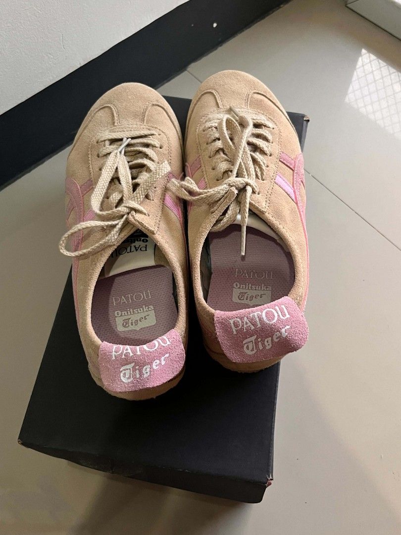 Onitsuka Tiger x Patou sneakers (Category: Sneakers) located in Macabebe. Submitted by cheeseoreo (Listing ID 1470444666, Image 3). Description: size 38 see photos for condition - Collaboration sneakers: Onitsuka Tiger x Patou - Colorway: Tan suede upper with striking pink tiger stripes and matching heel tabs .