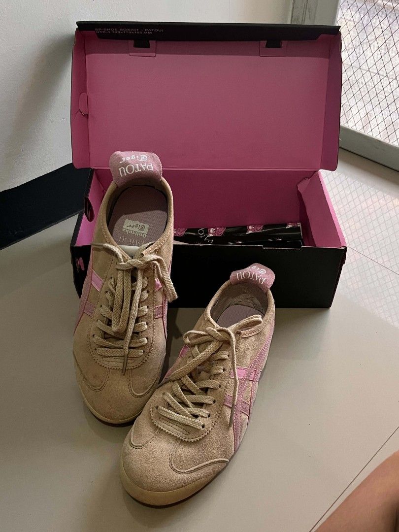 Onitsuka Tiger x Patou sneakers (Category: Sneakers) located in Macabebe. Submitted by cheeseoreo (Listing ID 1470444666, Image 1). Description: size 38 see photos for condition - Collaboration sneakers: Onitsuka Tiger x Patou - Colorway: Tan suede upper with striking pink tiger stripes and matching heel tabs .