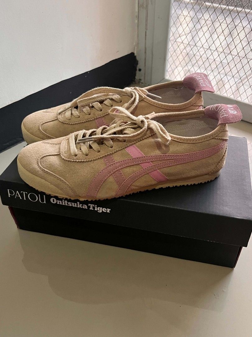 Onitsuka Tiger x Patou sneakers (Category: Sneakers) located in Macabebe. Submitted by cheeseoreo (Listing ID 1470444666, Image 2). Description: size 38 see photos for condition - Collaboration sneakers: Onitsuka Tiger x Patou - Colorway: Tan suede upper with striking pink tiger stripes and matching heel tabs .
