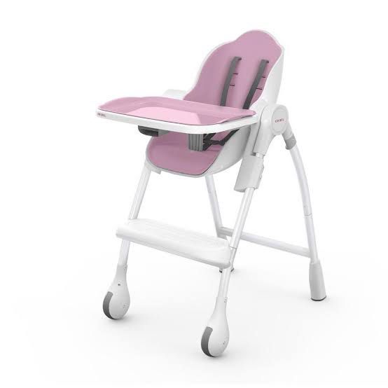 Oribel Cocoon High Chair Pink (Category: Baby High Chairs) located in Marikina City. Submitted by plnkrs (Listing ID 1470438751, Image 1). Description: - Color: Pink and White - Includes food tray (gray), safety harness, and footrest - Smooth front wheels for easy mobility - Adjustable height settings with a sturdy build - Easy to wipe clean after meals - Condition: Used with normal signs of wear.