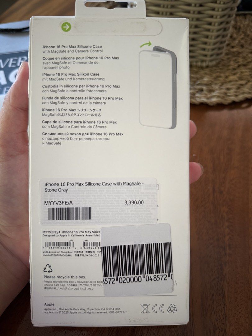 Original Apple Iphone 16 pro max Silicone Case (Category: Cases & Sleeves) located in Nasugbu. Submitted by vernscloset (Listing ID 1470462266, Image 2). Description: - Model: Original Apple Silicone Case for iPhone 16 Pro Max - Color: Stone Gray - Features: MagSafe and Camera Control compatible - Material: Premium smooth silicone with soft microfiber lining - Condition: Brand new in original box 3,390 original price.