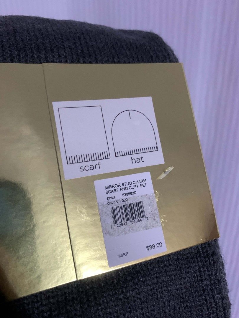ORIGINAL Michael Kors Mirror Stud Charm Cuffed Hat & Scarf (Category: Luxury Apparel) located in Manila. Submitted by wildpenguin_11b4ce (Listing ID 1470456419, Image 2). Description: 💯Authentic From US box🇺🇸 Price is as listed (MSRP price $88) PM for more details.