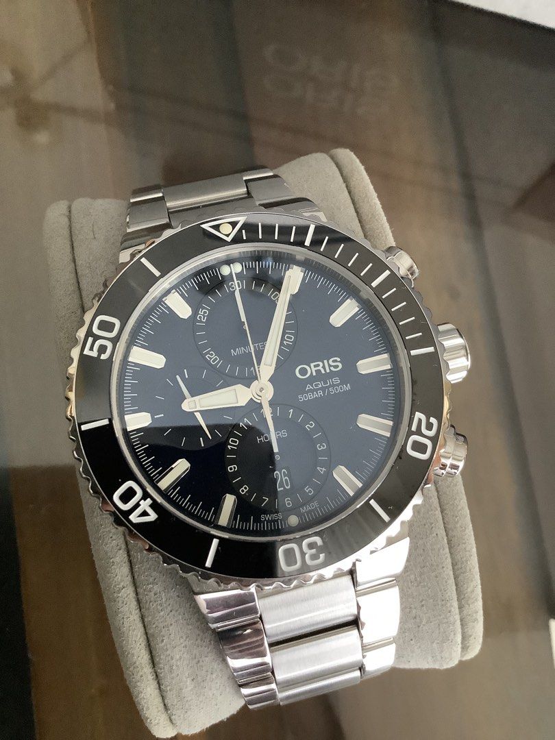 ORIS AQUIS Chronograph Automatic 45.5mm Watch (Category: Luxury Watches) located in Taytay. Submitted by eugeneyoung (Listing ID 1470401881, Image 2). Description: ✅ Ref.model# 01.774.7743.4155-07 8 24 05PEB. ✅ 45.5mm. Case size. ✅ Automatic Oris Caliber 774 Winding Movement. ✅ 48 Hour Power Reserved. ✅ Blue Dial. ✅ Ceramic Bezel. ✅ Sapphire Domed Crystal Glass with AR. ✅ Chronograph Functions. ✅ 9.2/10 Conditions. ✅ Complete set. ✅ For Sale/ Swa
