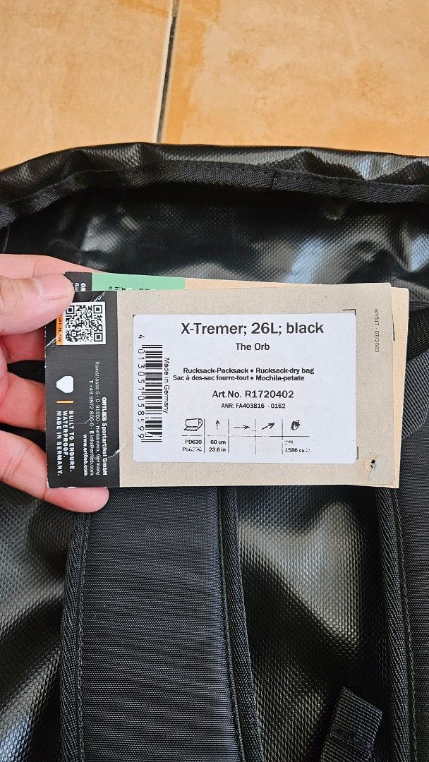 Ortlieb X-Tremer 26L Black Waterproof (Category: Backpacks) located in Quezon City. Submitted by oldbridgecycles (Listing ID 1470349949, Image 3). Description: - Brand: Ortlieb X-Tremer - Color: Black - Capacity: 26 Liters - Condition: Brand new with original tags - Material: 100% waterproof with secure roll-top closure - Comfort: Padded shoulder straps and adjustable sternum strap included - Origin: Made in Germany.