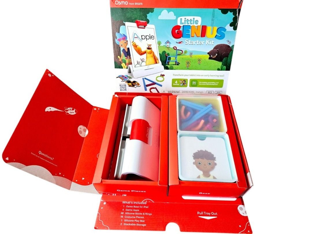 Osmo Little Genius Starter Kit for iPad (Category: Educational & Learning Toys) located in Cebu City. Submitted by kaiser.532 (Listing ID 1470444562, Image 1). Description: - Osmo Little Genius Starter Kit for iPad - Condition: Box opened to check contents only, all pieces neatly packed inside original red packaging - Includes: Base, red reflector, silicone sticks and rings, costume pieces, silicone play mat, and stackable storage boxes - Feature