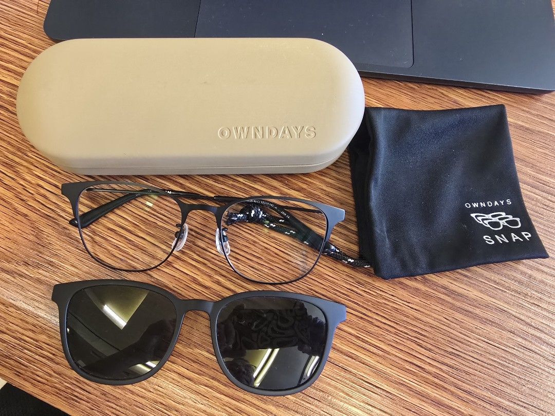 OWNDAYS SNAP Eyeglasses with Sun Lens (Category: Sunglasses & Eyewear) located in Quezon City. Submitted by b.caster (Listing ID 1470368846, Image 1). Description: - LENS replaceable (your own prescription grade) - Brand: OWNDAYS SNAP - Model: SNP1022X-4S C1 - Frame Color: Matte Black - Size: 53-19-142 - Includes magnetic snap-on sunglasses attachment - Comes with original OWNDAYS hard case and black SNAP pouch - Glasses strap attached to the tem