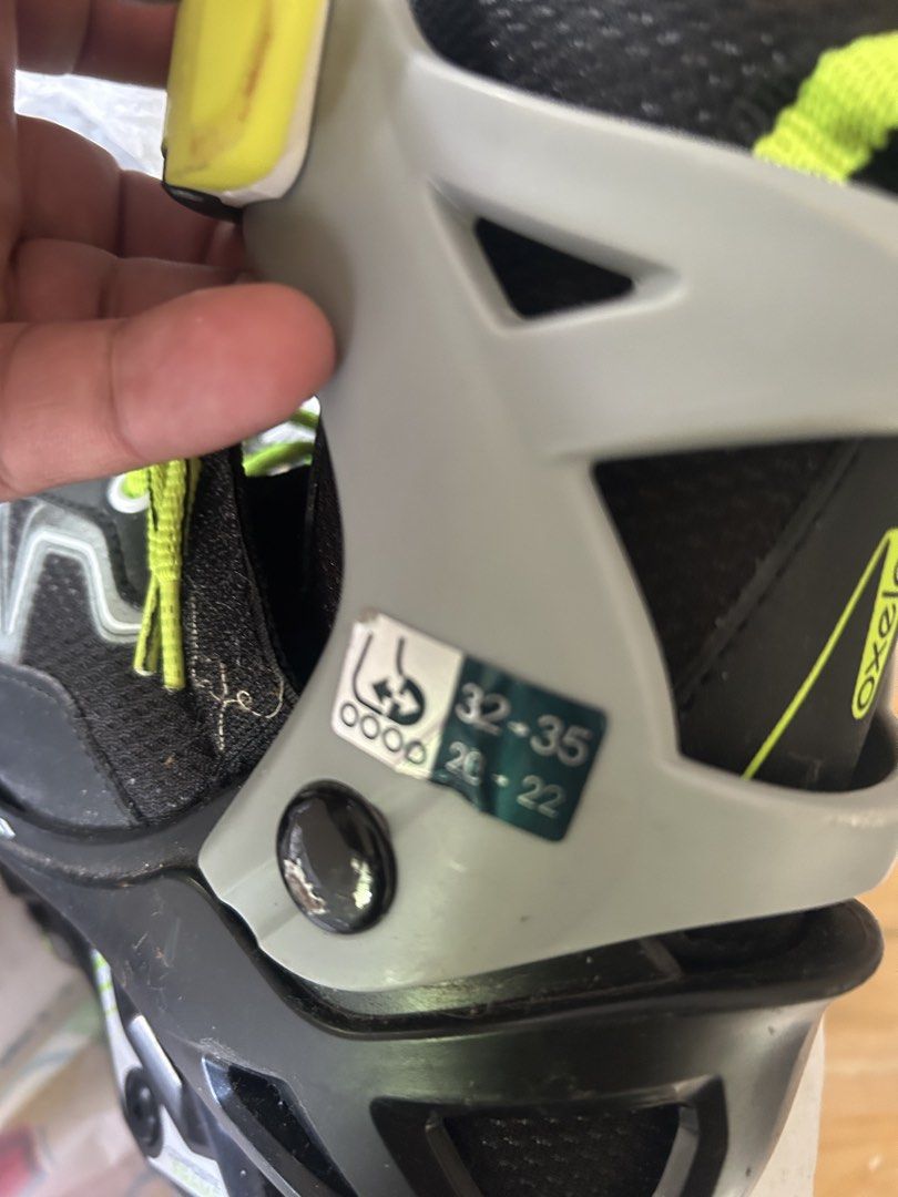 Oxelo Inline Skates Adjustable EUR 32-35 (Category: Skates, Rollerblades & Scooters) located in Caloocan City. Submitted by jevmapanao (Listing ID 1470406517, Image 2). Description: - Brand: Oxelo - Color: Black and grey with neon green laces - Size: Adjustable from EUR 32 to 35 - Closure: Secure buckle and strap setup - Condition: Pre-owned, ideal for kids and beginners - Delivery: Shipment options available upon request - Note: Message for real