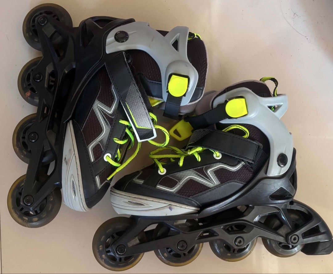 Oxelo Inline Skates Adjustable EUR 32-35 (Category: Skates, Rollerblades & Scooters) located in Caloocan City. Submitted by jevmapanao (Listing ID 1470406517, Image 3). Description: - Brand: Oxelo - Color: Black and grey with neon green laces - Size: Adjustable from EUR 32 to 35 - Closure: Secure buckle and strap setup - Condition: Pre-owned, ideal for kids and beginners - Delivery: Shipment options available upon request - Note: Message for real