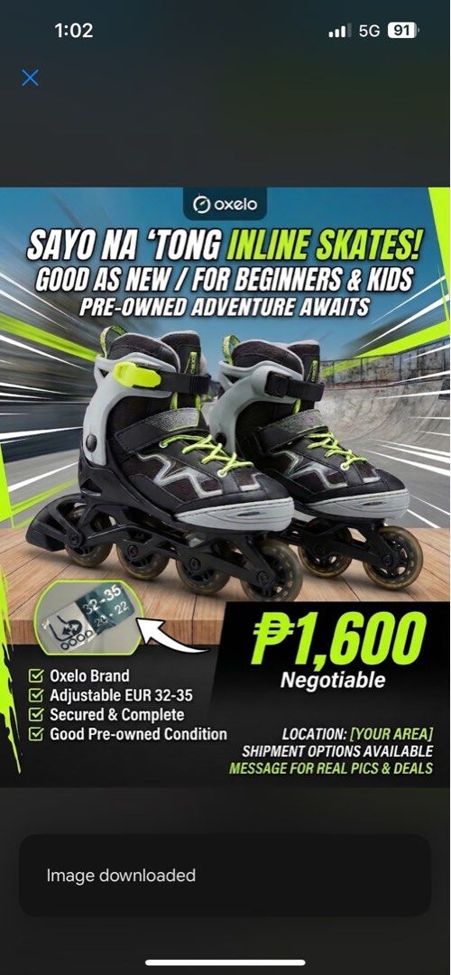 Oxelo Inline Skates Adjustable EUR 32-35 (Category: Skates, Rollerblades & Scooters) located in Caloocan City. Submitted by jevmapanao (Listing ID 1470406517, Image 1). Description: - Brand: Oxelo - Color: Black and grey with neon green laces - Size: Adjustable from EUR 32 to 35 - Closure: Secure buckle and strap setup - Condition: Pre-owned, ideal for kids and beginners - Delivery: Shipment options available upon request - Note: Message for real