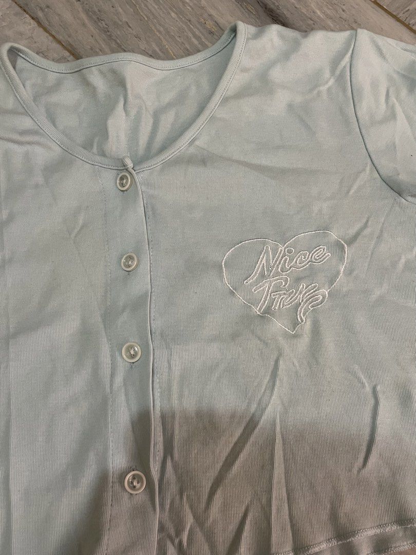 Pastel Blue Buttoned Top (Category: Blouses) located in Bacoor. Submitted by s4dee (Listing ID 1470531645, Image 2). Description: size: small - cotton fabric - embroidered design - complete buttons - kinda cropped.