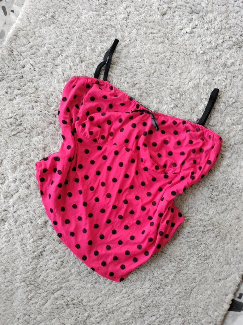 Pink Black Polka Dot Camisole Cami Top (Category: Sleeveless) located in Digos. Submitted by asteria_dollette (Listing ID 1470510628, Image 2). Description: :¨ ·.· ¨: `· . size: m-l ⋆.˚🎀⋆࿐♡⋆.˚ length: 18” || bust: 34” || waist: 34” || mine: ₱99 grab: ₱150 steal: ₱200 lock: ₱250 (yours) ໒꒰ྀི´ ˘ ` ꒱ྀིა ˚ʚ♡ɞ˚ 𝐦𝐢𝐧𝐞/𝐠𝐫𝐚𝐛/𝐥𝐨𝐜𝐤 𝐞𝐧𝐝𝐬 𝐨𝐧 𝐨𝐜𝐭 𝟑𝟎 || 𝟏𝟎:𝟎𝟎 𝐩𝐦 ˚ʚ♡ɞ˚ 𝐬𝐡𝐢𝐩𝐩𝐢𝐧𝐠 𝐨𝐟 𝐢𝐭𝐞𝐦𝐬: 𝐟𝐫𝐢𝐝𝐚𝐲 & 𝐦𝐨𝐧𝐝𝐚𝐲 ˚ʚ