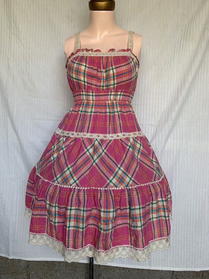 Pink Checkered with white lace trim (Category: Dresses) located in Davao. Submitted by calli_2219 (Listing ID 1470411223, Image 1). Description: Size: Bust: 34-38 Waist: 27-36 Length: 36 No flaws & Issues Garter waistline.
