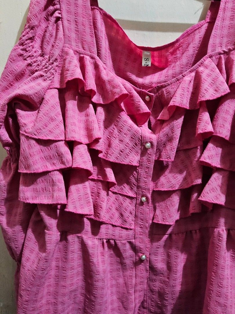 Pink Coquette Classy Flowy Ruffled Top (Category: Longsleeves) located in Taguig. Submitted by ynascorner_ (Listing ID 1470368304, Image 2). Description: pink ruffled top ⭐️ • size is not indicated but fits up to XL bodyframe • buttons are detangled easily • manage your expectations, this is thrifted top!.