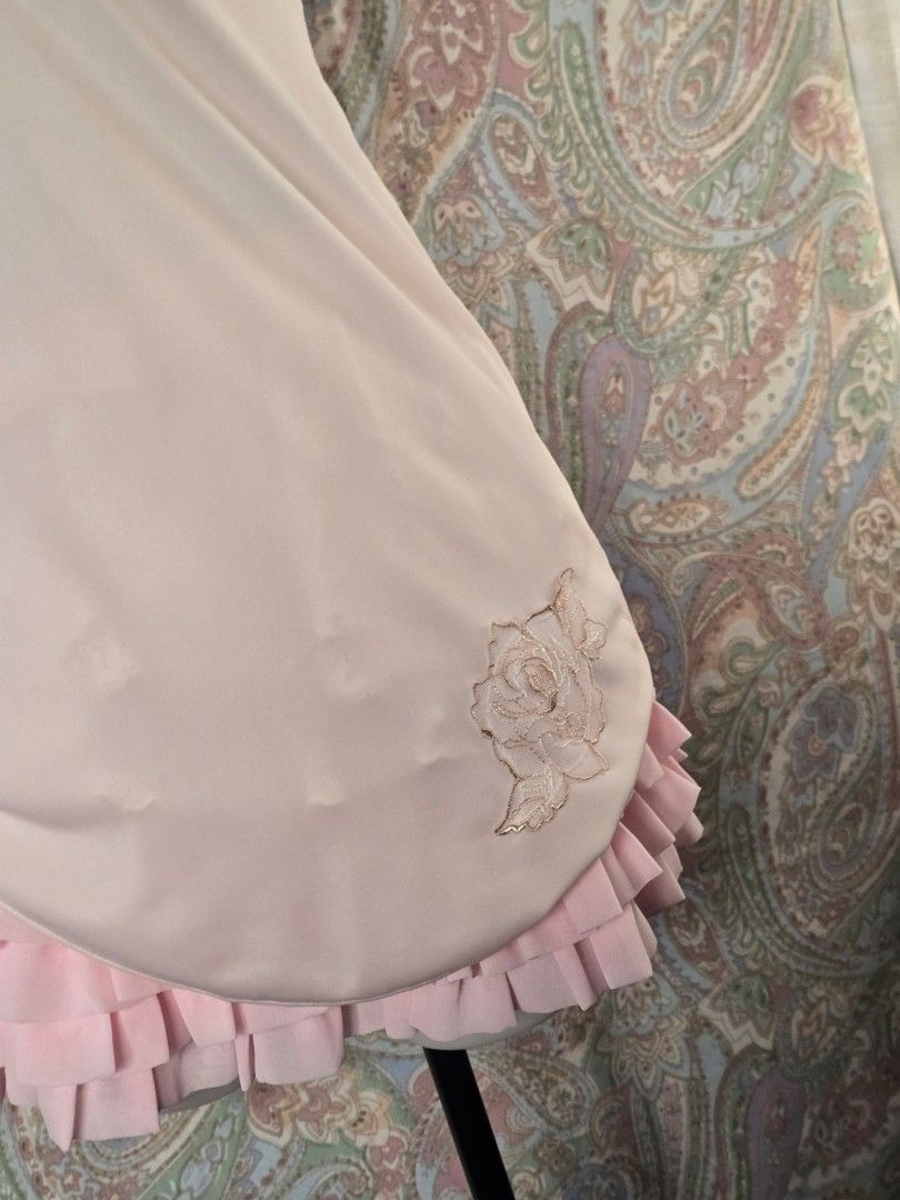 Pink Lace Trim Slip Top (Category: Dresses) located in Dagupan City. Submitted by chislocker14 (Listing ID 1470364347, Image 3). Description: - Color: Soft pink - Design: Slip dress with rose embroidery and sparkly rhinestone accents - Back: Sheer polka dot mesh panel - Hem: Layered pink ruffles - Straps: Adjustable spaghetti straps.