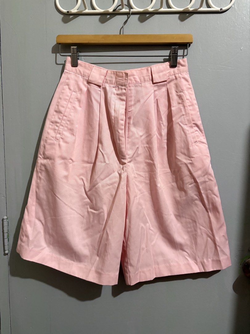 Pink Pleated High-Waisted Shorts (Category: Shorts) located in Manila. Submitted by margascloset_ (Listing ID 1470494976, Image 1). Description: Pastel pink highwaist shorts - Closure: Hook-and-bar waist with zippered fly - Design: Front pleats, belt loops, and side slash pockets - Condition: lightly used, missing button on the front - Fit: Ideal for warm weather and stylish everyday wear.