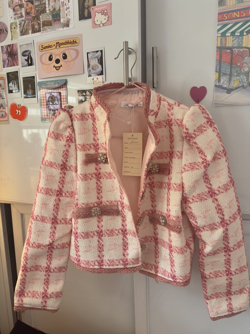 Pink Tweed Puff Sleeve Crop Jacket (Category: Coats, Jackets and Outerwear) located in Manila. Submitted by preloved-bycath (Listing ID 1470355550, Image 1). Description: - Condition: Brand new with tags attached - Size: Small (S) - Color: Pink and white tweed - Design: Puff shoulders, structured collar, cropped length, and detailed metallic buttons - Interior: Fully lined in pale pink.