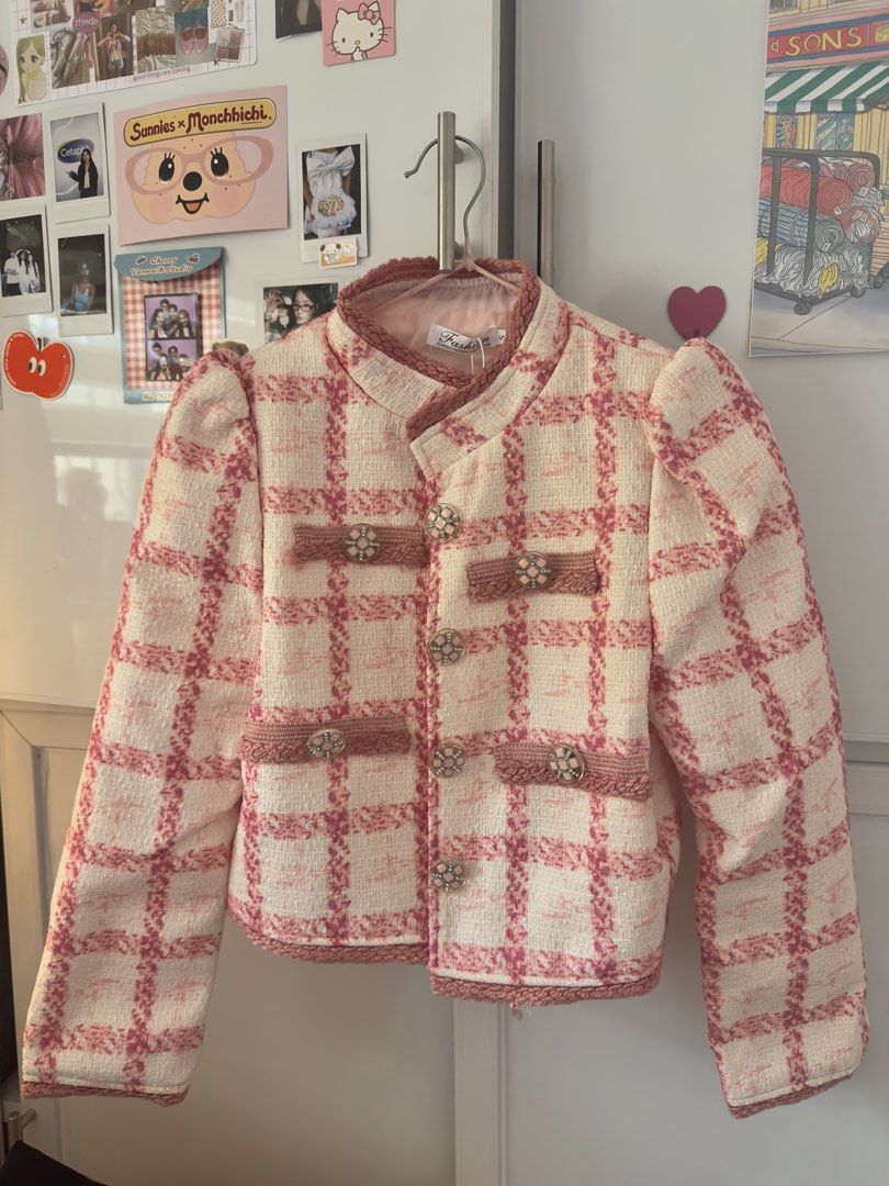 Pink Tweed Puff Sleeve Crop Jacket (Category: Coats, Jackets and Outerwear) located in Manila. Submitted by preloved-bycath (Listing ID 1470355550, Image 2). Description: - Condition: Brand new with tags attached - Size: Small (S) - Color: Pink and white tweed - Design: Puff shoulders, structured collar, cropped length, and detailed metallic buttons - Interior: Fully lined in pale pink.