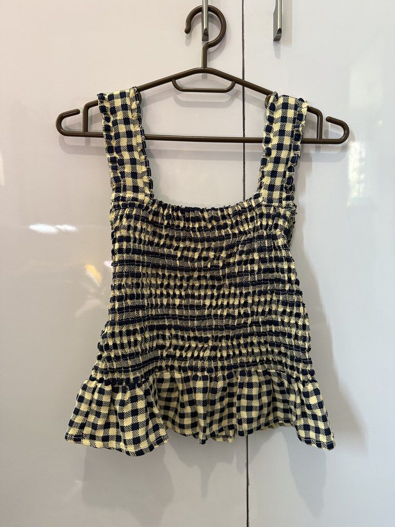 Plains & Prints Gingham Checkered Smocked Peplum Top UK6 (Category: Sleeveless) located in Antipolo. Submitted by articlesbyeve (Listing ID 1470404667, Image 1). Description: USED ONCE RFS: i should have bought size M - Plains & Prints - UK 6 / US 2 / PH XS will fit XS - S - Navy and cream gingham - Smocked bodice, wide ruffled straps, peplum hem .