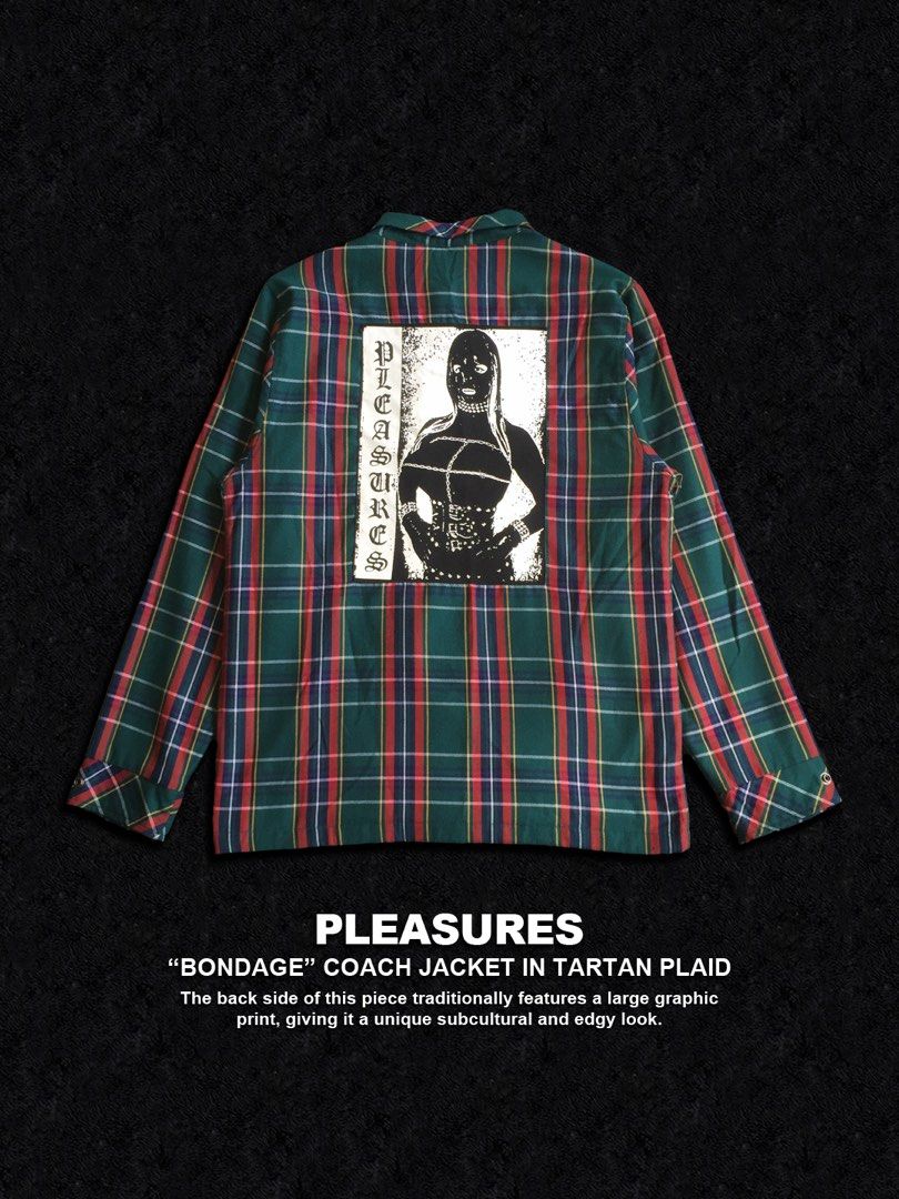 PLEASURES Bondage Coach Jacket Tartan Plaid (Category: Coats, Jackets and Outerwear) located in Dinalupihan. Submitted by thriftout.ph (Listing ID 1470487904, Image 2). Description: PLEASE READ ALL THE DETAILS⬇️ Tagged as Large : 26W | 29L Model Height : 5’9 No major issues Excellent / Presentable PRICE - P8,880 Free Shipping Free Shipping On Local Orders Over P2,000 - Brand/Model: Pleasures Green Tartan Plaid Coach Jacket - Design: Green plaid w